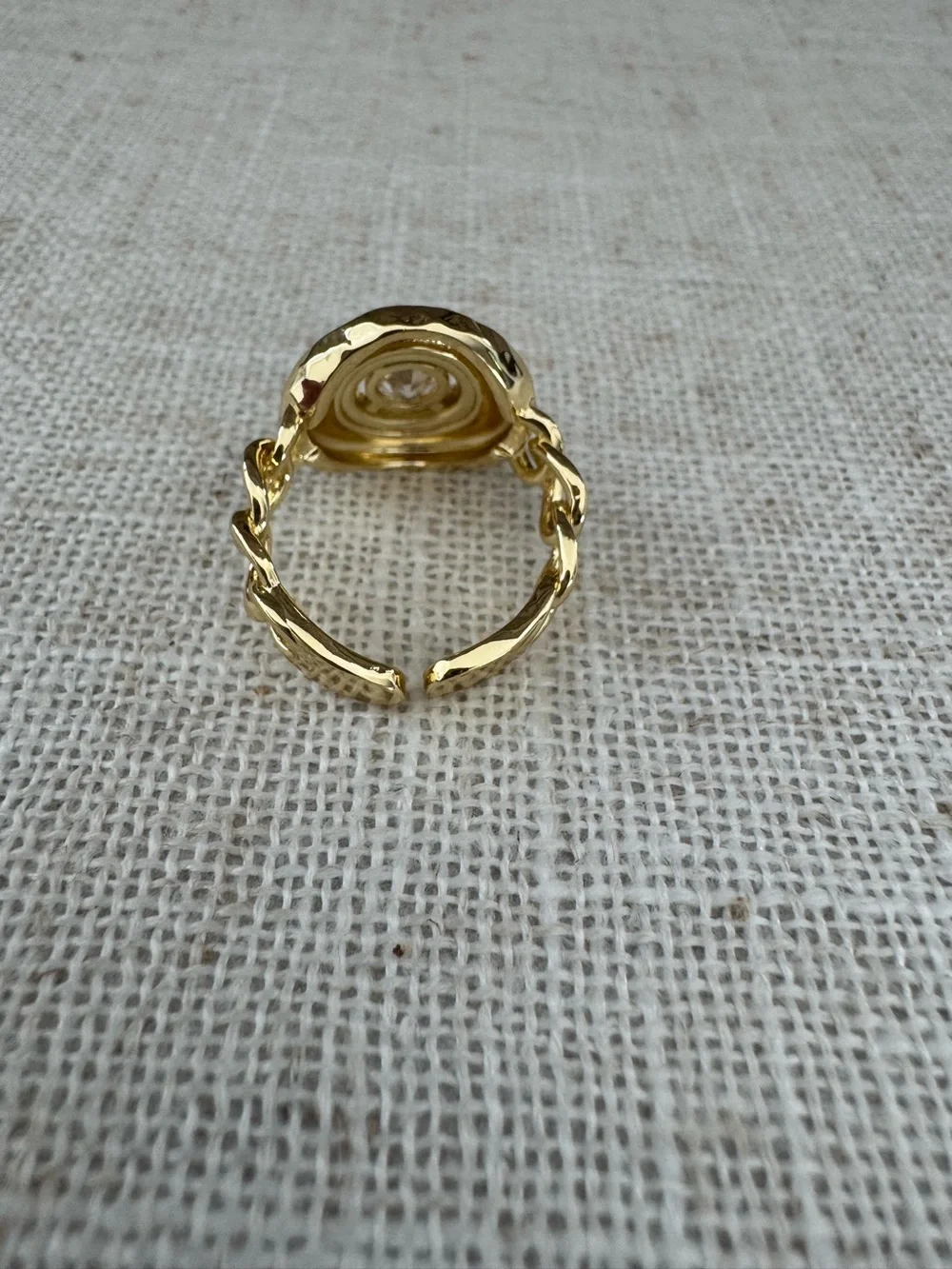 NEW Gold Chain-Link Ring Crystal Clear Stone NWOT One Size Adjustable